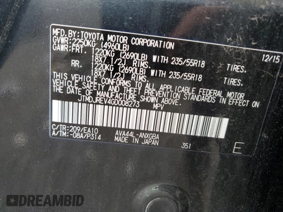 2016 Toyota RAV4 Limited with VIN JTMDJREV4GD008273, listed as a Copart auction lot 55417875 with 196,195 mi miles and Salvage title. Bid and sale history available at DreamBid. Image 13.