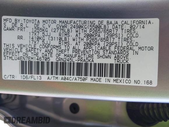 2014 Toyota Tacoma with VIN 3TMLU4EN7EM146705, listed as a IAAI auction lot 41949827 with 147,887 mi miles and . Bid and sale history available at DreamBid. Image 9.