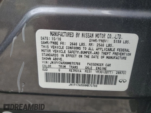 2017 Infiniti Q50 Red Sport 400 with VIN JN1FV7ARXHM870766, listed as a Copart auction lot 59943005 with 90,672 mi miles and Non repairable. Bid and sale history available at DreamBid. Image 12.