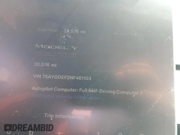 2022 Tesla Model Y Performance z VIN 7SAYGDEF2NF461103, wystawiony jako Copart lot #52198205 z przebiegiem 33 576 mil mil oraz Szkoda całkowita • Salvage title. Historia ofert i sprzedaży dostępna na DreamBid. Obrazek 9.