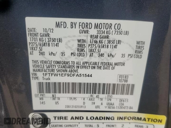 2013 Ford F-150 XL with VIN 1FTFW1EF9DFA51544, listed as a Copart auction lot 59418375 with 181,430 mi miles and Salvage title. Bid and sale history available at DreamBid. Image 12.