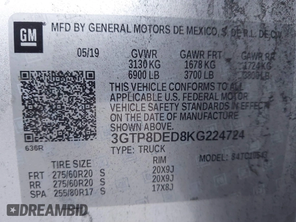 2019 GMC Sierra 1500 SLT z VIN 3GTP8DED8KG224724, wystawiony jako IAAI lot #41389124 z przebiegiem 118 106 mil mil oraz . Historia ofert i sprzedaży dostępna na DreamBid. Obrazek 9.