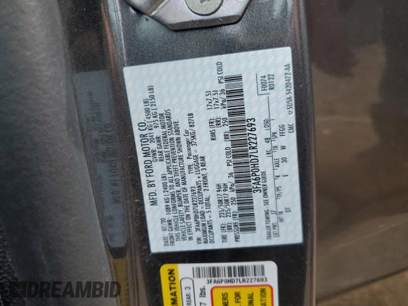2020 Ford Fusion SE with VIN 3FA6P0HD7LR227693, listed as a Copart auction lot 52844465 with 53,361 mi miles and Salvage Title. Bid and sale history available at DreamBid. Image 12.