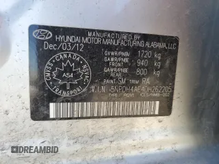 2013 Hyundai Elantra GLS with VIN 5NPDH4AE4DH262205, listed as a Copart auction lot 58466865 with 94,201 mi miles and Salvage title. Bid and sale history available at DreamBid. Image 12.