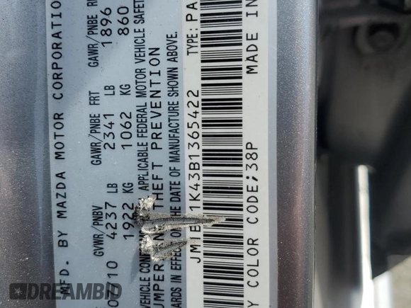 2011 Mazda 3 Mazdaspeed3 Sport with VIN JM1BL1K43B1365422, listed as a Copart auction lot 54407825 with 105,249 mi miles and Clean Title. Bid and sale history available at DreamBid. Image 12.