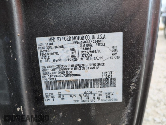 2002 Ford F-150 XL with VIN 1FTRX08L72KB08804, listed as a Copart auction lot 63163455 with Not provided miles and Clean title. Bid and sale history available at DreamBid. Image 12.