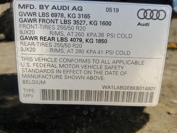 2019 Audi e-tron Premium Plus with VIN WA1LABGE6KB014901, listed as a Copart auction lot 50910225 with 46,322 mi miles and Salvage title. Bid and sale history available at DreamBid. Image 14.