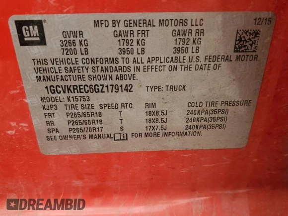 2016 Chevrolet Silverado 1500 LT with VIN 1GCVKREC6GZ179142, listed as a Copart auction lot 50985785 with 94,135 mi miles and Salvage Title. Bid and sale history available at DreamBid. Image 12.