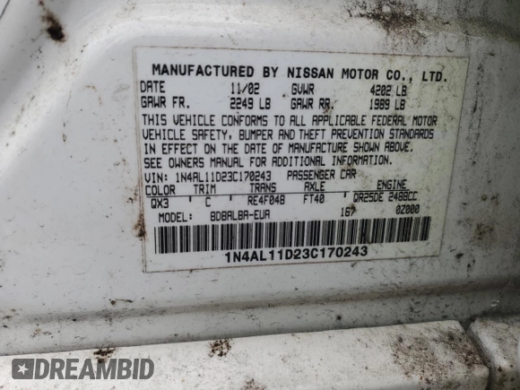 2003 Nissan Altima S z VIN 1N4AL11D23C170243, wystawiony jako Copart lot #60780585 z przebiegiem Nie podano mil oraz Szkoda całkowita • Salvage title. Historia ofert i sprzedaży dostępna na DreamBid. Obrazek 12.