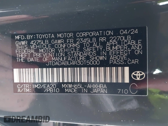 2024 Toyota Prius LE z VIN JTDADABU4R3015000, wystawiony jako IAAI lot #41147221 z przebiegiem 4 411 mil mil oraz . Historia ofert i sprzedaży dostępna na DreamBid. Obrazek 9.