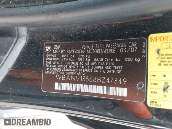 2008 BMW 5 Series 528xi with VIN WBANV13568BZ47349, listed as a IAAI auction lot 42169044 with Not Provided miles. Bid and sale history available at carsss.com. Image 9.