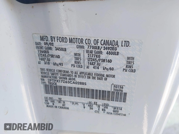 2003 Ford F-150 с VIN 2FTPX17Z63CA02885, выставлен на аукционе IAAI как лот 41782773 с пробегом 184 306 миль миль и . История ставок и продаж доступна на DreamBid. Изображение 9.