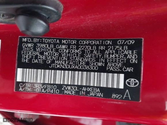 2010 Toyota Prius II with VIN JTDKN3DUXA0038300, listed as a IAAI auction lot 41466078 with NaN miles. Bid and sale history available at carsss.com. Image 9.