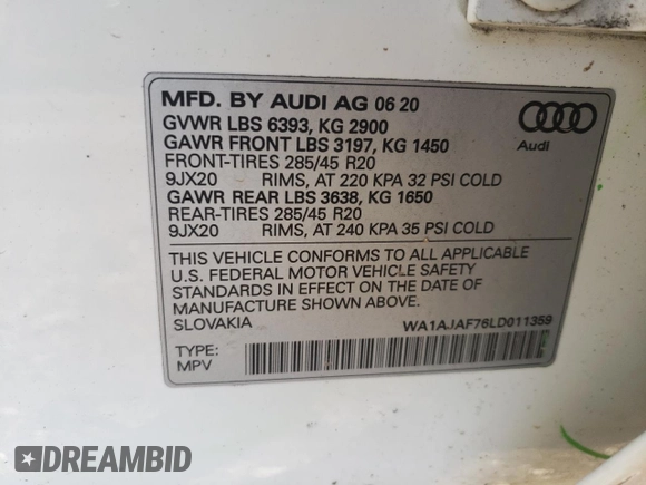 2020 Audi Q7 Premium with VIN WA1AJAF76LD011359, listed as a Copart auction lot 71723414 with 158,622 mi miles and Salvage Title. Bid and sale history available at carsss.com. Image 14.