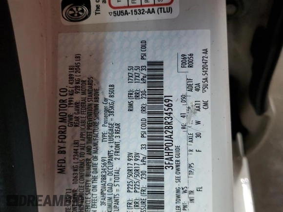 2011 Ford Fusion SEL with VIN 3FAHP0JA2BR345691, listed as a Copart auction lot 52306315 with 104,140 mi miles and Salvage Title. Bid and sale history available at carsss.com. Image 12.