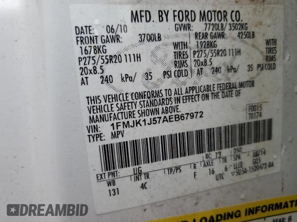 2010 Ford Expedition Max Eddie Bauer with VIN 1FMJK1J57AEB67972, listed as a Copart auction lot 55554225 with 227,518 mi miles and Salvage Title. Bid and sale history available at DreamBid. Image 13.