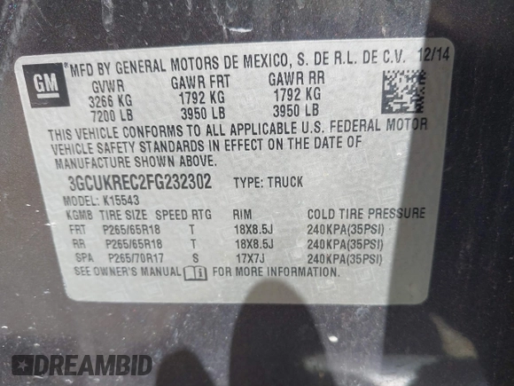 2015 Chevrolet Silverado 1500 LT with VIN 3GCUKREC2FG232302, listed as a IAAI auction lot 41652224 with 231,334 mi miles. Bid and sale history available at carsss.com. Image 9.