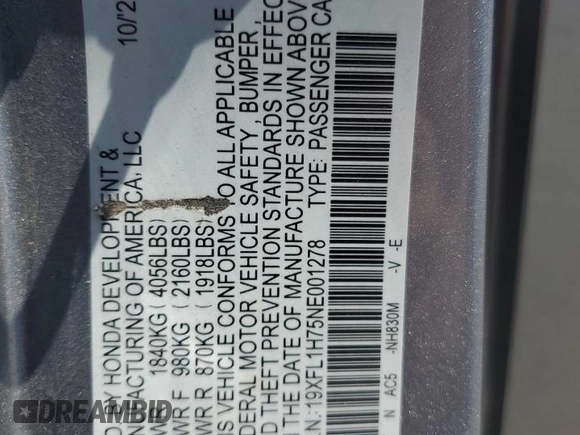 2022 Honda Civic EX-L z VIN 19XFL1H75NE001278, wystawiony jako Copart lot #52611975 z przebiegiem 58 706 mil mil oraz Szkoda całkowita • Salvage title. Historia ofert i sprzedaży dostępna na DreamBid. Obrazek 15.