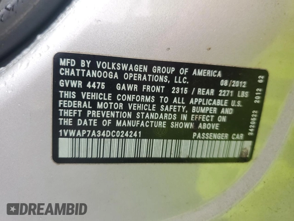2013 Volkswagen Passat S with VIN 1VWAP7A34DC024241, listed as a Copart auction lot 49854295 with 89,221 mi miles and Salvage title. Bid and sale history available at DreamBid. Image 14.