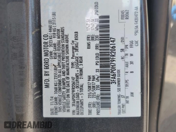 2015 Ford Fusion SE with VIN 3FA6P0H79FR206147, listed as a Copart auction lot 52902475 with 107,591 mi miles and Salvage title. Bid and sale history available at DreamBid. Image 13.