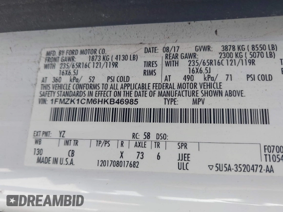 2017 Ford Transit Passenger XL with VIN 1FMZK1CM6HKB46985, listed as a IAAI auction lot 41651746 with 85,510 mi miles. Bid and sale history available at carsss.com. Image 9.