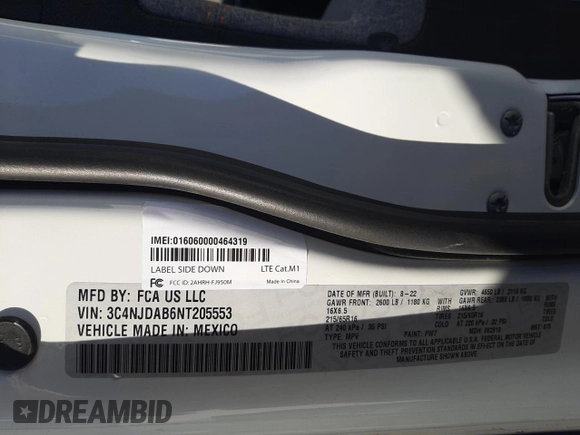 2022 Jeep Compass Sport with VIN 3C4NJDAB6NT205553, listed as a Copart auction lot 55326234 with 44,638 mi miles and Salvage title. Bid and sale history available at DreamBid. Image 12.
