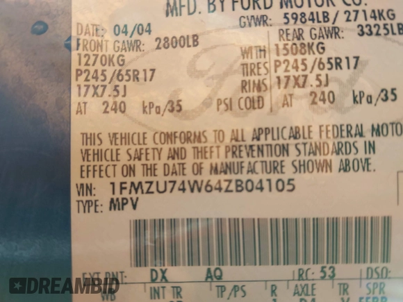 2004 Ford Explorer Eddie Bauer с VIN 1FMZU74W64ZB04105, выставлен на аукционе IAAI как лот 41390406 с пробегом 145 419 миль миль и . История ставок и продаж доступна на DreamBid. Изображение 9.
