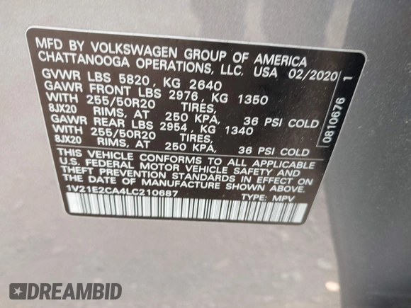 2020 Volkswagen Atlas SE with VIN 1V21E2CA4LC210687, listed as a IAAI auction lot 42382775 with 62,199 mi miles and . Bid and sale history available at DreamBid. Image 9.