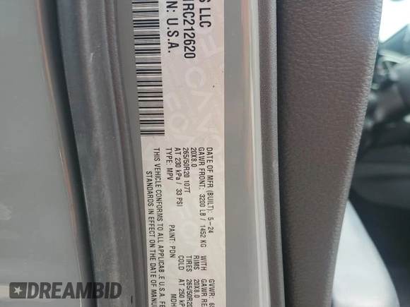 2024 Dodge Durango SXT with VIN 1C4RDHAG1RC212620, listed as a Copart auction lot 83627454 with Not provided miles and Salvage title. Bid and sale history available at DreamBid. Image 13.
