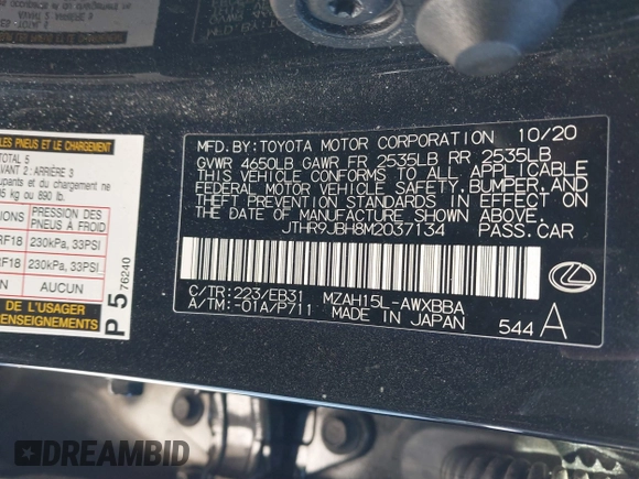 2021 Lexus UX with VIN JTHR9JBH8M2037134, listed as a IAAI auction lot 41352890 with 56,198 mi miles. Bid and sale history available at carsss.com. Image 9.