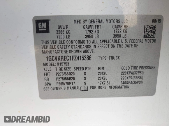 2015 Chevrolet Silverado 1500 LT with VIN 1GCVKREC1FZ415386, listed as a IAAI auction lot 42142990 with 165,409 mi miles and . Bid and sale history available at DreamBid. Image 9.