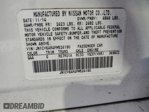 2015 Infiniti Q40 with VIN JN1CV6AR4FM524190, listed as a Copart auction lot 81953024 with 94,821 mi miles and Salvage Title. Bid and sale history available at carsss.com. Image 13.