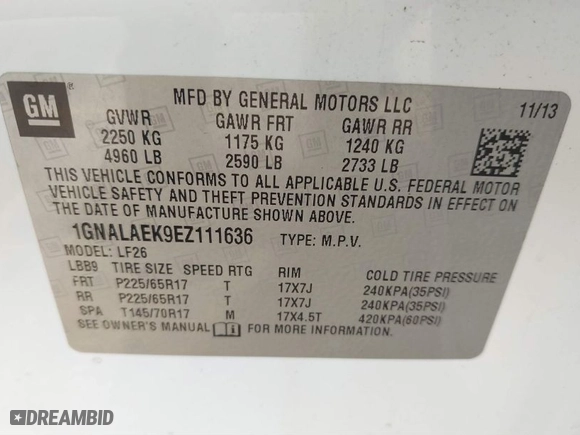 2014 Chevrolet Equinox LS with VIN 1GNALAEK9EZ111636, listed as a IAAI auction lot 41526634 with 79,451 mi miles. Bid and sale history available at carsss.com. Image 9.