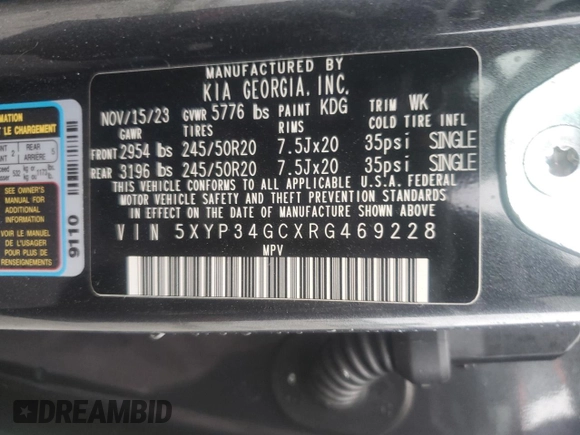 2024 Kia Telluride EX with VIN 5XYP34GCXRG469228, listed as a Copart auction lot 81330844 with 15,442 mi miles and Salvage Title. Bid and sale history available at DreamBid. Image 12.