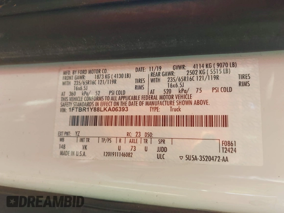 2020 Ford Transit Cargo with VIN 1FTBR1Y88LKA06393, listed as a IAAI auction lot 41283124 with 229,589 mi miles and . Bid and sale history available at DreamBid. Image 9.