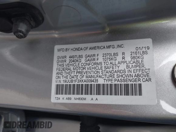 2019 Acura TLX with VIN 19UUB1F3XKA009435, listed as a IAAI auction lot 40999644 with 65,811 mi miles. Bid and sale history available at carsss.com. Image 9.