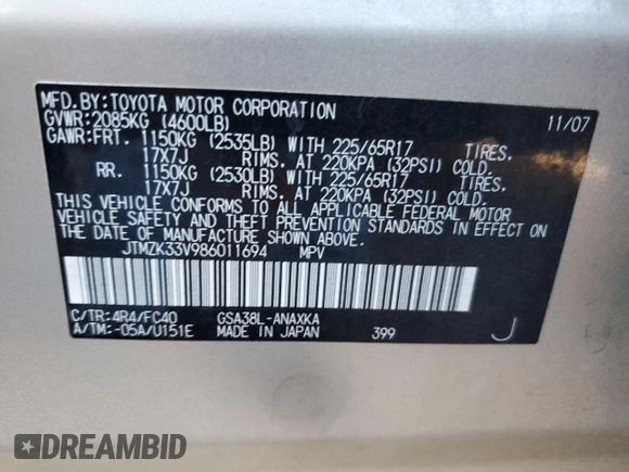 2008 Toyota RAV4 with VIN JTMZK33V986011694, listed as a Copart auction lot 48439325 with 134,309 mi miles and Salvage Title. Bid and sale history available at carsss.com. Image 13.