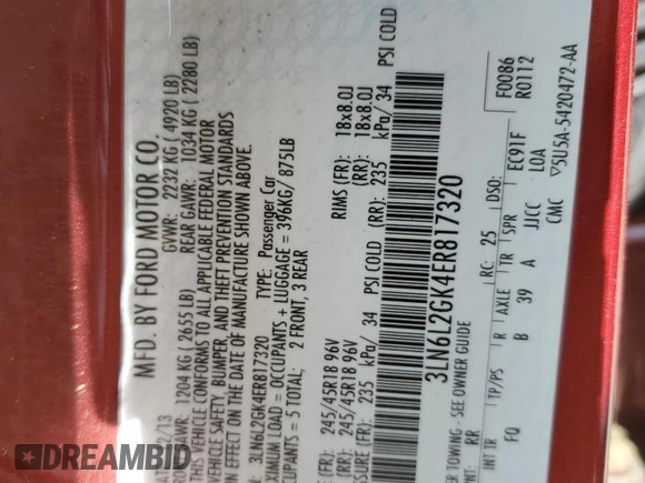 2014 Lincoln MKZ with VIN 3LN6L2GK4ER817320, listed as a Copart auction lot 54834135 with 76,439 mi miles and Salvage title. Bid and sale history available at DreamBid. Image 12.