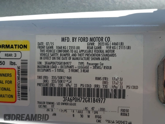 2016 Ford Fusion SE with VIN 3FA6P0H72GR184977, listed as a IAAI auction lot 42334052 with 96,921 mi miles and . Bid and sale history available at DreamBid. Image 9.