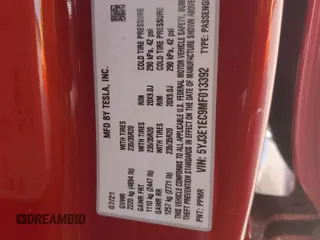 2021 Tesla Model 3 Performance with VIN 5YJ3E1EC9MF013392, listed as a Copart auction lot 48488125 with 55,402 mi miles and Salvage Title. Bid and sale history available at DreamBid. Image 14.