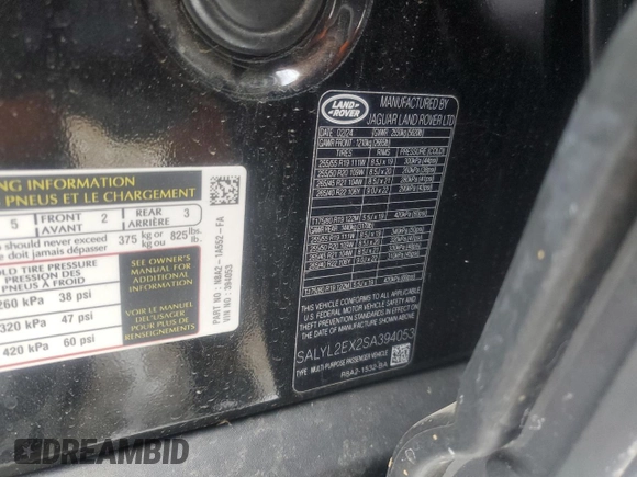 2025 Land Rover Range Rover Velar Dynamic SE with VIN SALYL2EX2SA394053, listed as a Copart auction lot 45710415 with 3,540 mi miles and Salvage title. Bid and sale history available at DreamBid. Image 13.