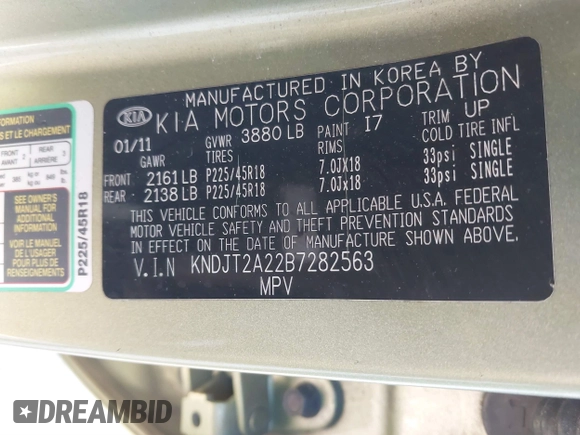 2011 Kia Soul + with VIN KNDJT2A22B7282563, listed as a IAAI auction lot 41866992 with 1 mi miles. Bid and sale history available at carsss.com. Image 7.