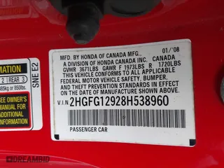 2008 Honda Civic Cpe EX-L with VIN 2HGFG12928H538960, listed as a IAAI auction lot 41626871 with 169,865 mi miles. Bid and sale history available at carsss.com. Image 9.