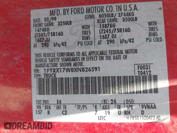 1999 Ford F-150 с VIN 1FTRX17W8XNB26591, выставлен на аукционе IAAI как лот 42607224 с пробегом Не указан миль и . История ставок и продаж доступна на DreamBid. Изображение 9.
