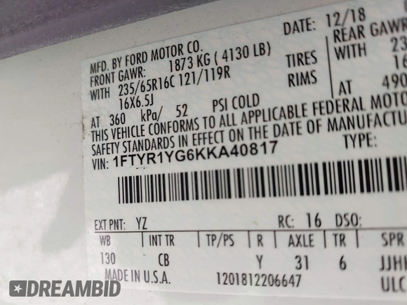 2019 Ford Transit with VIN 1FTYR1YG6KKA40817, listed as a IAAI auction lot 41713021 with 107,919 mi miles and . Bid and sale history available at DreamBid. Image 9.