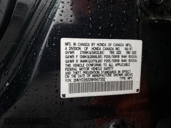 2008 Acura MDX with VIN 2HNYD28228H507332, listed as a Copart auction lot 41341965 with 221,947 mi miles and Salvage Title. Bid and sale history available at DreamBid. Image 13.
