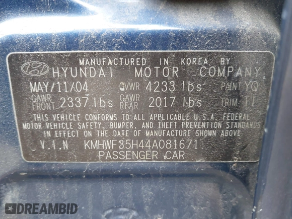 2004 Hyundai Sonata GLS with VIN KMHWF35H44A081671, listed as a IAAI auction lot 41788873 with 999,999 mi miles. Bid and sale history available at carsss.com. Image 9.
