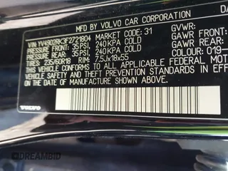 2015 Volvo XC60 T6 with VIN YV4902RK3F2721804, listed as a IAAI auction lot 41833744 with 105,855 mi miles and . Bid and sale history available at DreamBid. Image 9.