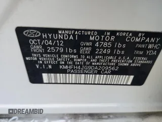 2013 Hyundai Azera z VIN KMHFH4JG9DA209562, wystawiony jako Copart lot #59808655 z przebiegiem 130 994 mil mil oraz Szkoda całkowita • Salvage title. Historia ofert i sprzedaży dostępna na DreamBid. Obrazek 12.