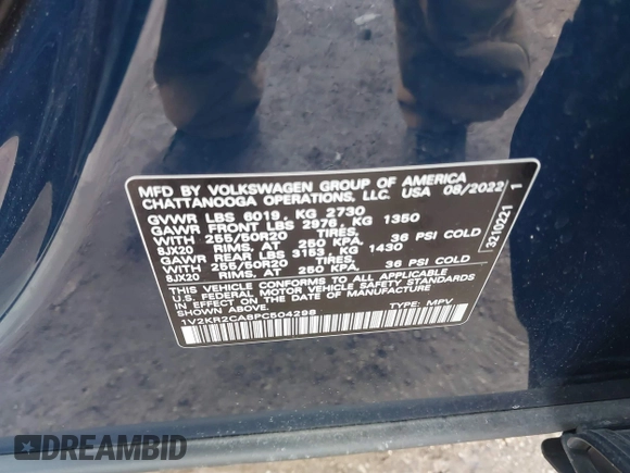 2023 Volkswagen Atlas SE z VIN 1V2KR2CA8PC504298, wystawiony jako IAAI lot #41234957 z przebiegiem 34 762 mil mil oraz . Historia ofert i sprzedaży dostępna na DreamBid. Obrazek 9.